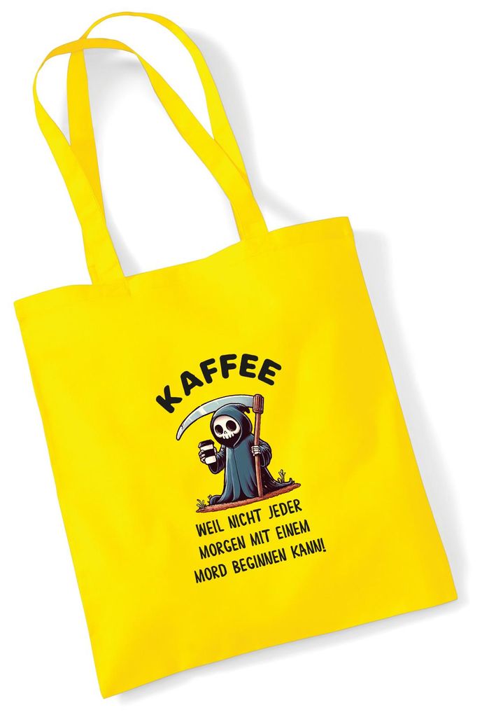 Huuraa Jutebeutel Kaffee weil morgens keinen Mord Sensenmann 10 Liter Yellow Baumwolle Tasche Geschenkidee