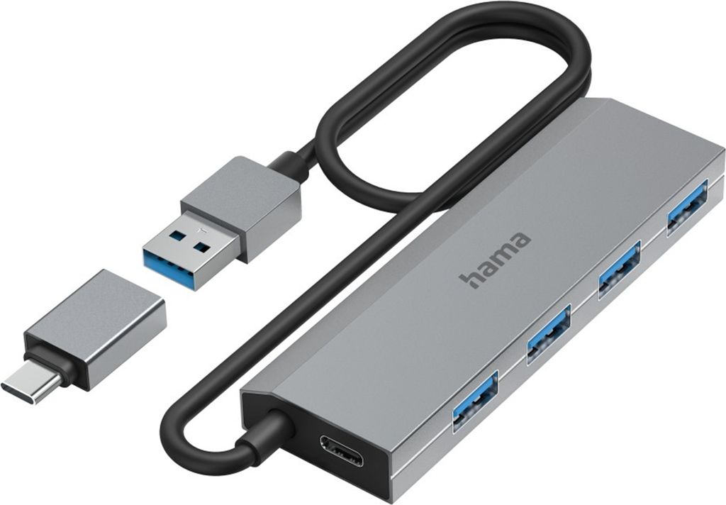 Hama USB-Hub 4 Ports, inkl. USB-C-Adapter u. Netzteil