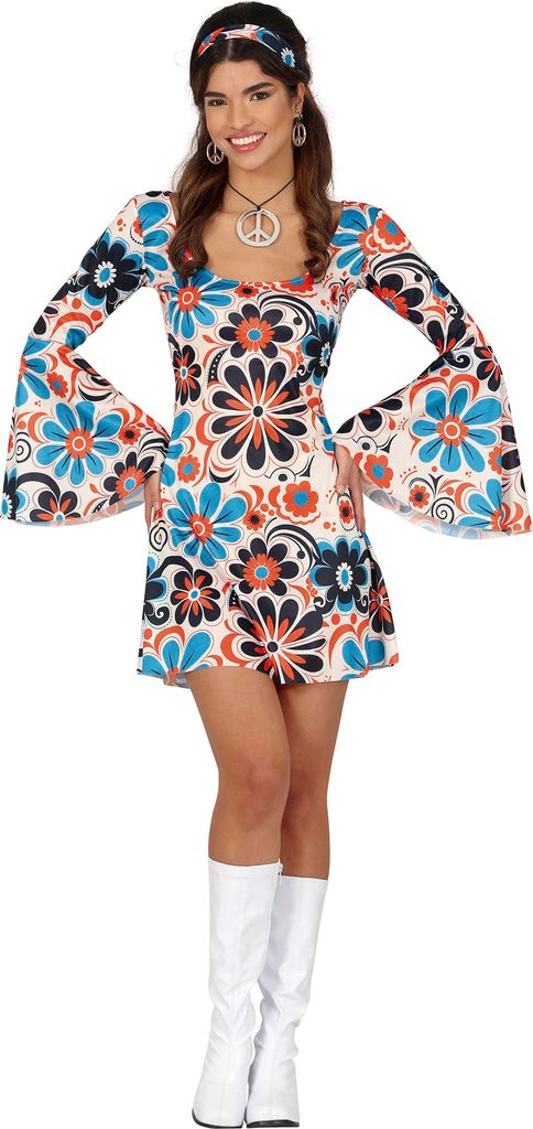 Hippie 70s Blumen Swingkleid Stirnband Karneval Fasching Produktbild 