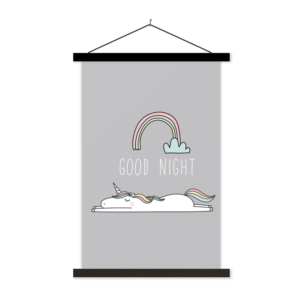 MuchoWow Textilposter Einhorn - Regenbogen - Kinder - Zitate - Gute Nacht - Mädchen 60x90 cm mit schwarzem Rahmen - Poster Wohnzimmer