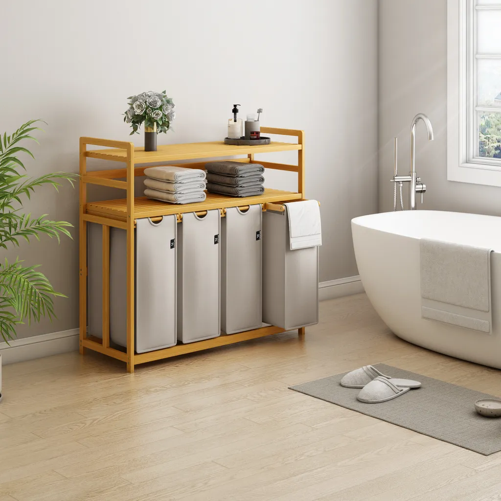 AdelDream Panier à Linge 200L avec 4 Compartiments et Étagères Bambou