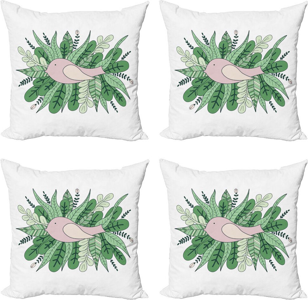 ABAKUHAUS Kindergarten Kissenbezug Set (4 Stück), Tiny Sparrownd Leaves, Moderner Doppelseitiger Digitaldruck, 60 cm x 60 cm, Farn-Grün Hellgrün