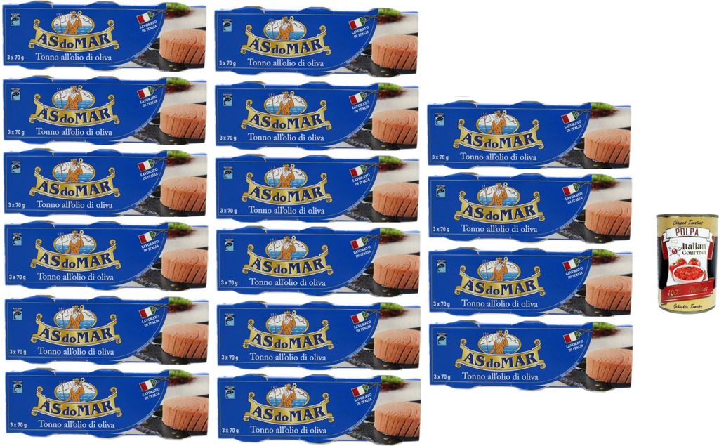 AS do MAR Tonno all'Olio di Oliva,Thunfisch in Olivenöl,ideal in jedem Rezept 16x 210g (3x70g) Dose + Italian Gourmet Polpa di Pomodoro 400g Dose
