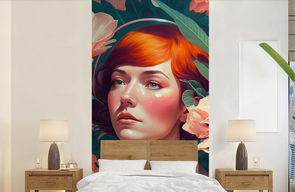 MuchoWow Fototapete für Wohnzimmer oder Schlafzimmer Wandtapete Vinyl Motivtapete Porträt - Frau - Blumen - Rosa - Botanisch - 120x240 cm - Hin...