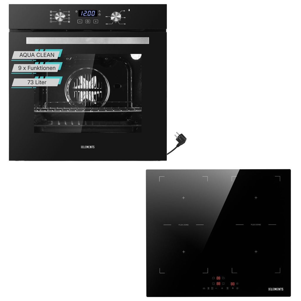 KB ELEMENTS Sparset, Einbauherd Set, Herdset, Induktionskochfeld 60cm, Einbaubackofen 60cm, 9 x Funktionen, AQUA CLEAN