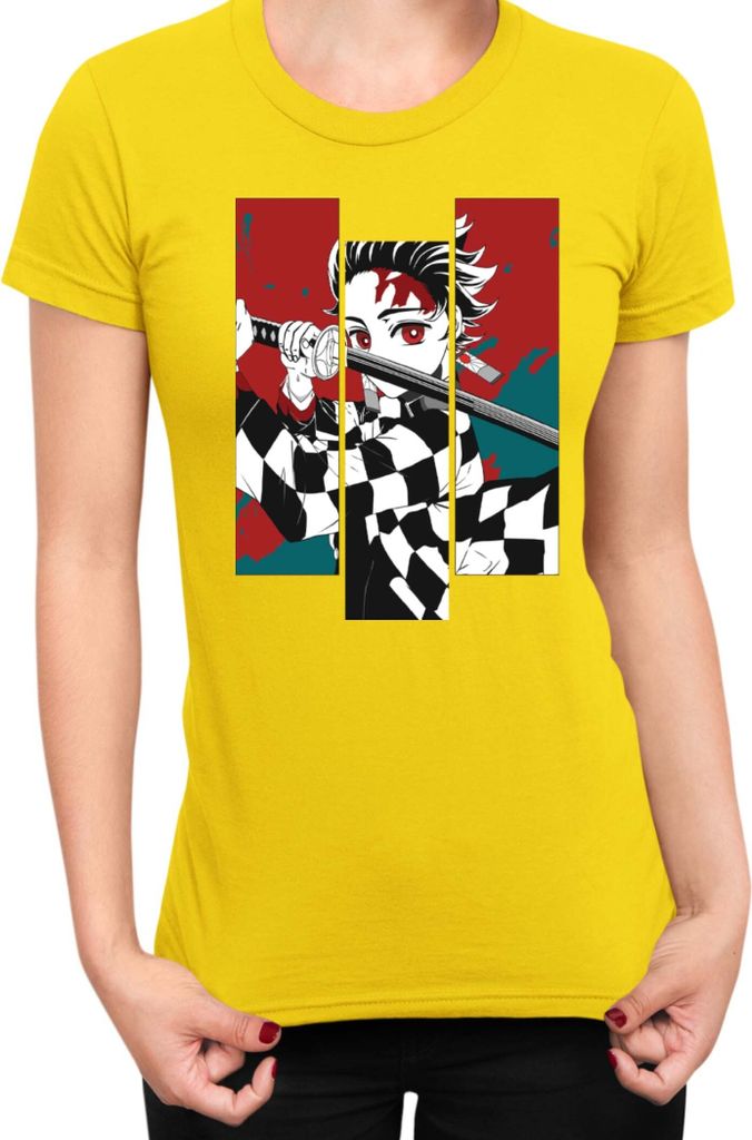 Damen T-Shirt Demon Anime Slayer Kimetsu No Yaiba Tanjiro Kamado 011, Lady L / Gelb