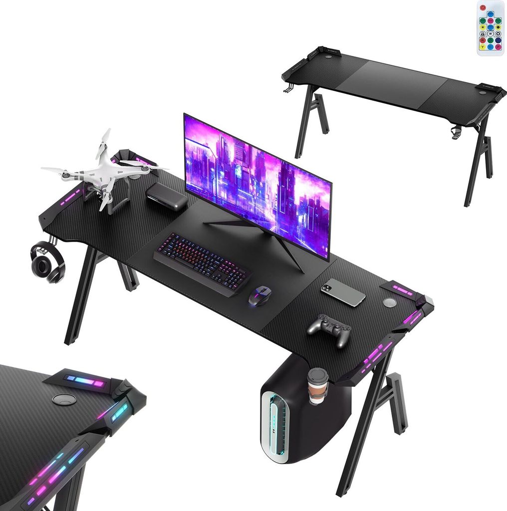 YARDIN Gaming Schreibtisch 160 x 60cm Gamer Tisch A-f?rmiger Kohlefaseroberfl?che Computertisch mit RGB LED-Licht, Ergonomischer Eckschreibtisch mi...