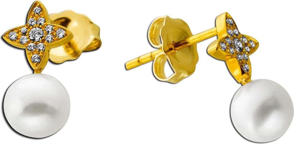Perlen Ohrringe Gold 585 Natur Diamanten 0.10ct Süßwasserperlen