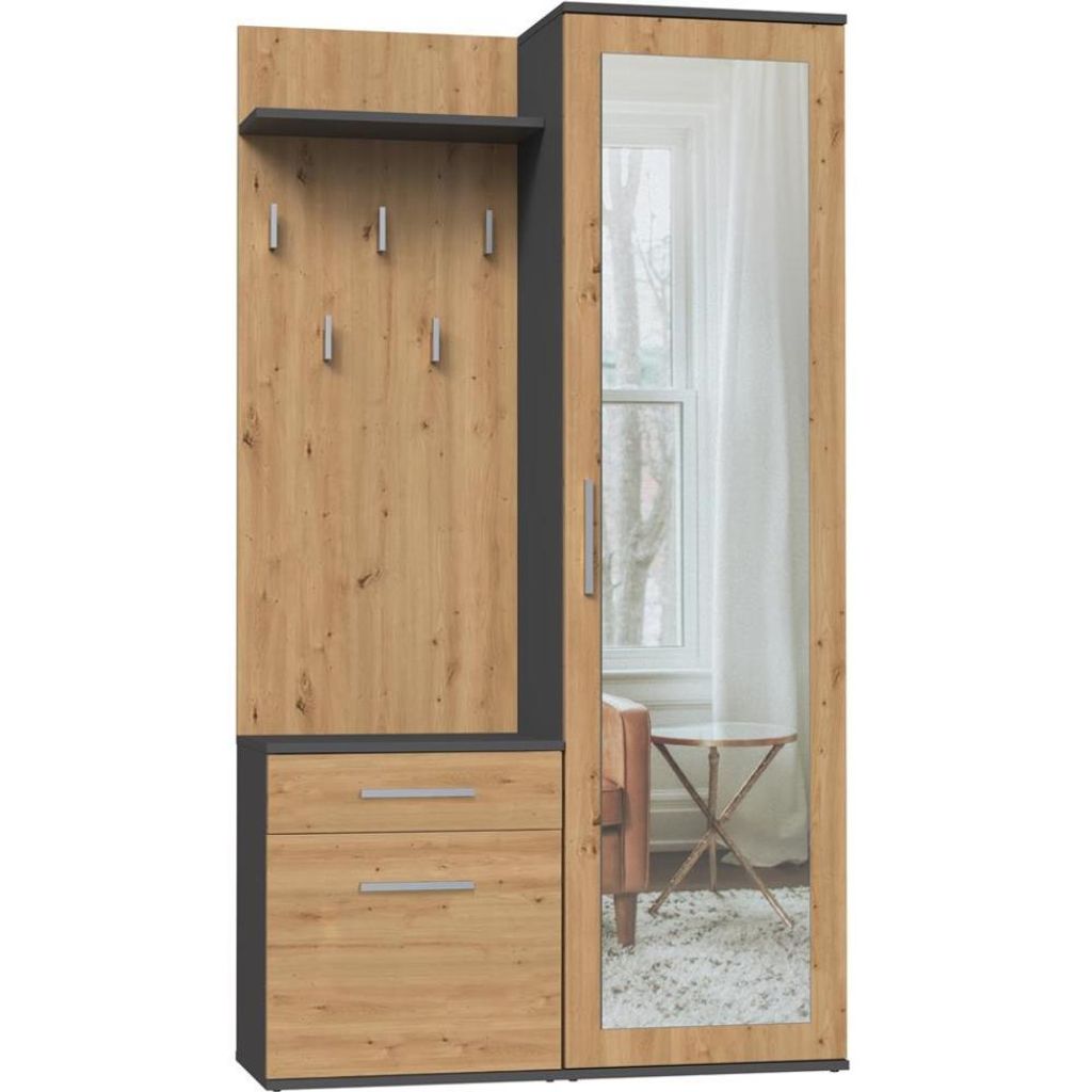 A wardrobe set with a mirror and coat hooks.