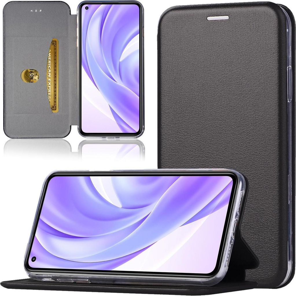 A black flip case for a smartphone, shown from multiple angles, including open and closed views, with a credit card inserted.