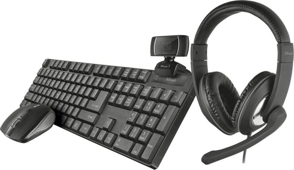 Trust, 4-in-1-Paket für den Schreibtisch mit Tastatur, Maus, Kopfhörer und Webcam., Schwarz