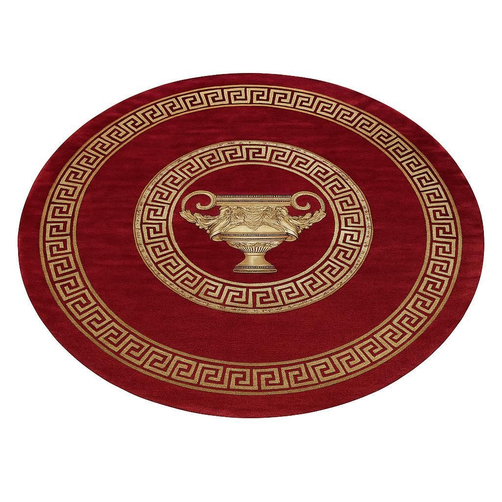 Luxus Teppich Rund mit Amphore Motiv in Rot-Gold - 100% Viskose – 200 cm Ø