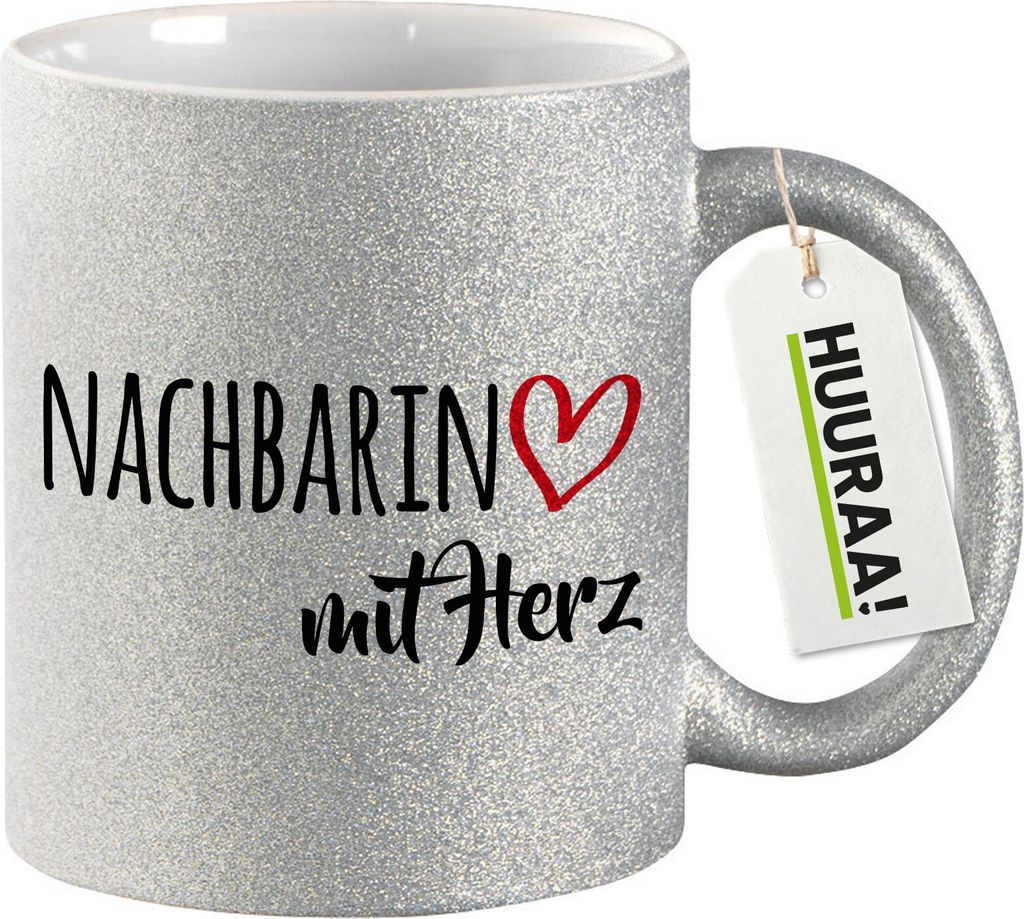 Huuraa Glitzertasse Nachbarin mit Herz 330ml Silber Keramik Kaffeebecher Geschenkidee