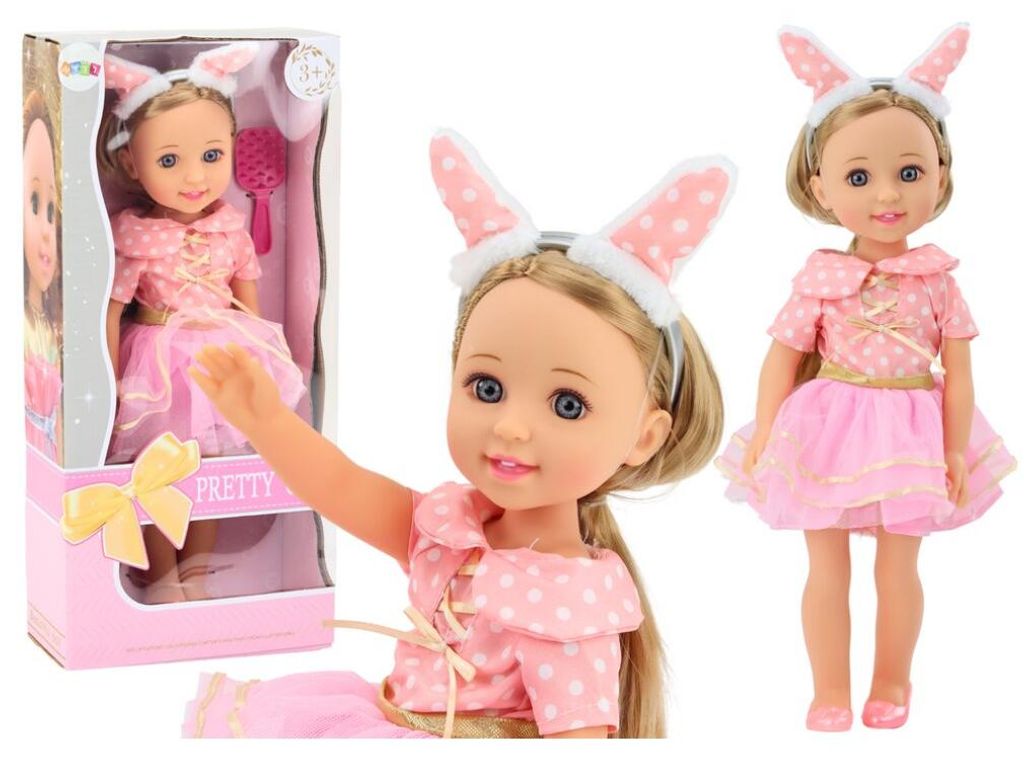 Leantoys Lalka Ró?owa Sukienka D?ugie W?osy Opaska Szczotka 38cm