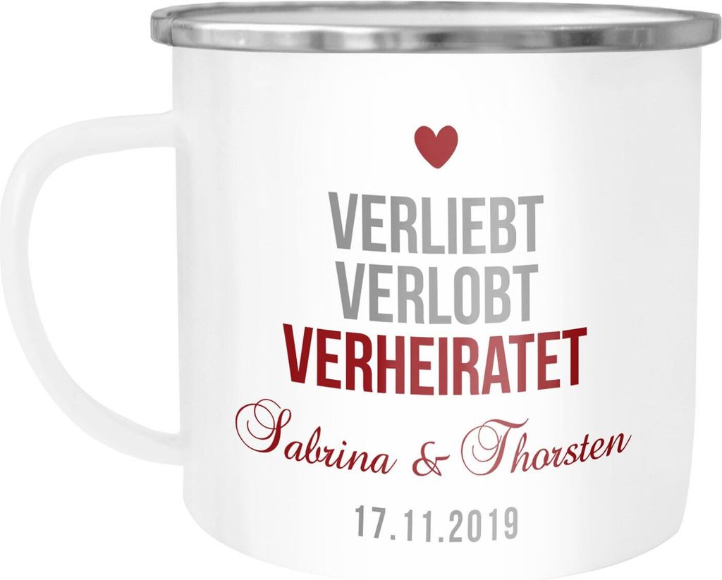 Emailletasse Becher Emaille mit Namen Datum verliebt verlobt verheiratet personalisierte Hochzeitsgeschenke SpecialMe weiß-metall Emailletasse