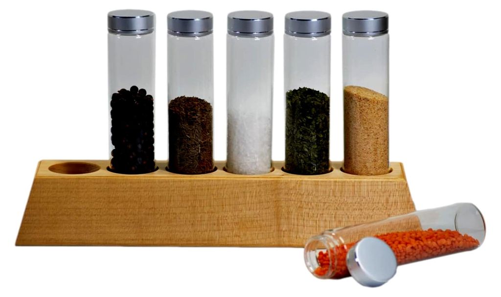 Gewürzregal aus Ahorn mit 6 Gläsern 100 ml und silberfarbenem Deckel - Holzregal mit runden Gewürzgläsern - Regal 30 x 5 x 8 cm zum Hinstellen