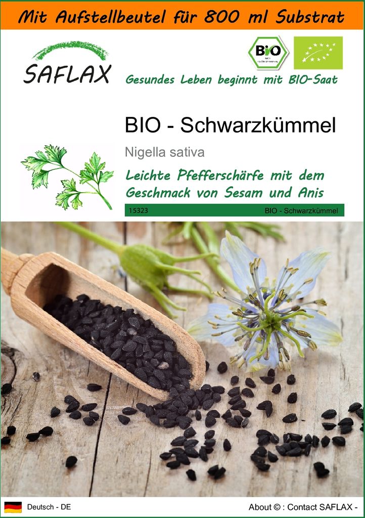 SAFLAX - Garden in the Bag - BIO - Schwarzkümmel - 300 Samen - Mit Anzuchtsubstrat im praktischen, selbst aufstellenden Beutel - Nigella sativa