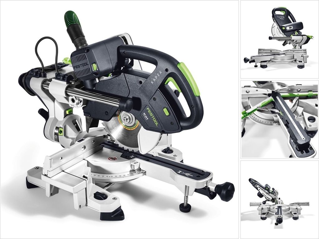 A collage of images showing a miter saw from different angles.