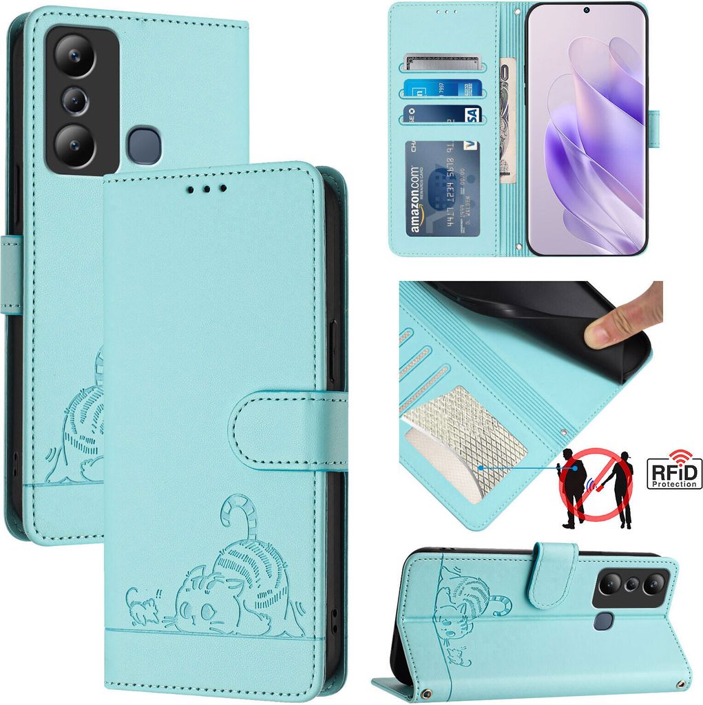 Leder Hülle für Infinix Hot 20i Süße Katze Flip Case Brieftasche Schutzhülle mit Standfunktion hellgrün