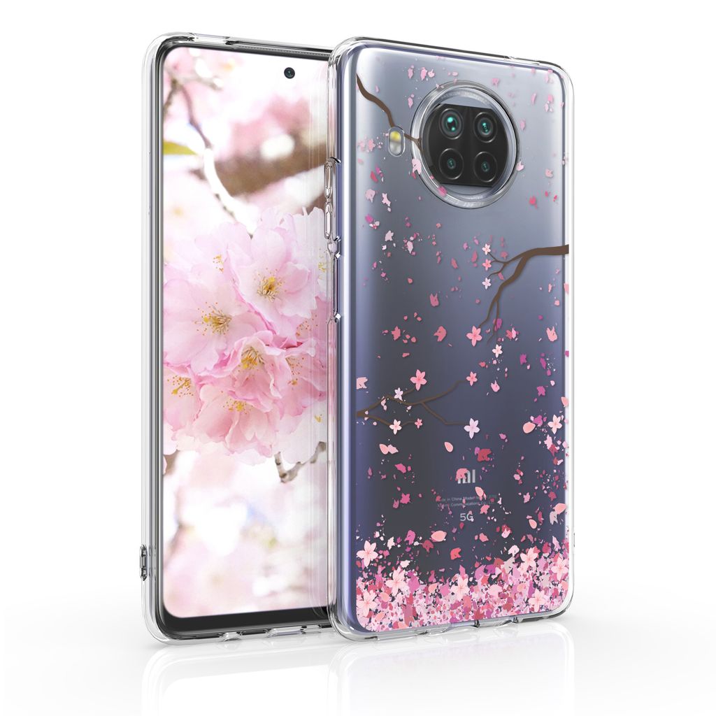 kwmobile Case kompatibel mit Xiaomi Mi 10T Lite - Hülle Silikon transparent Kirschblütenblätter Rosa Dunkelbraun Transparent
