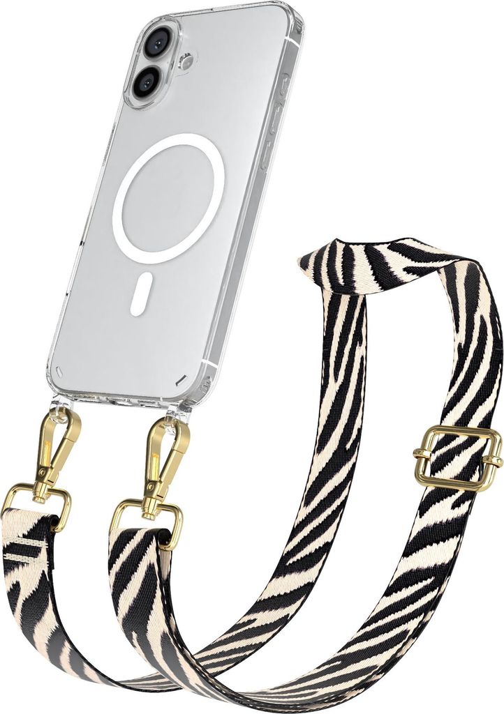 EAZY CASE - Handykette mit MagSafe Hülle für Apple iPhone 16 Plus, Handyband Zebra Style,Karabiner Gold, Umhängeband in Schwarz