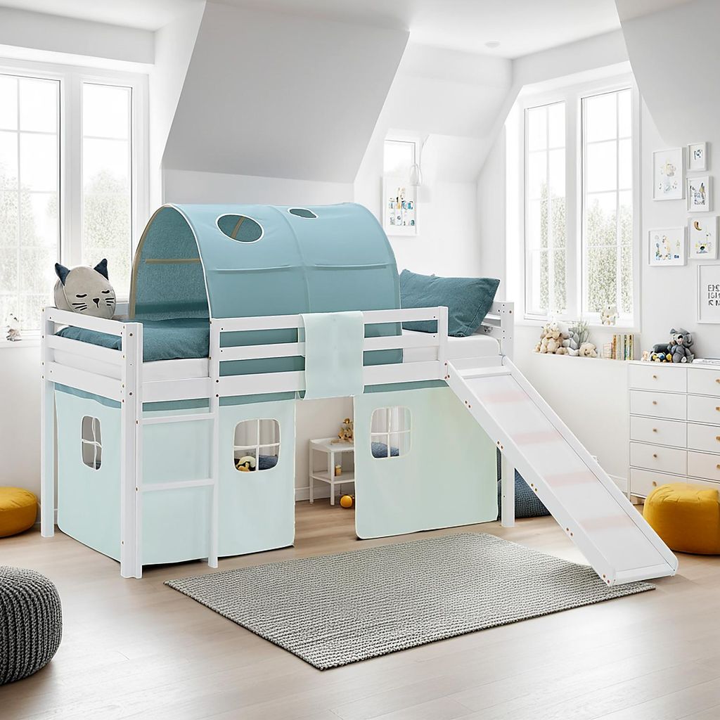Homestyle4u Hochbett 90x200 Kinder Weiß Rutsche Vorhang Tunnel grün Kinder Weißbett Spielbett