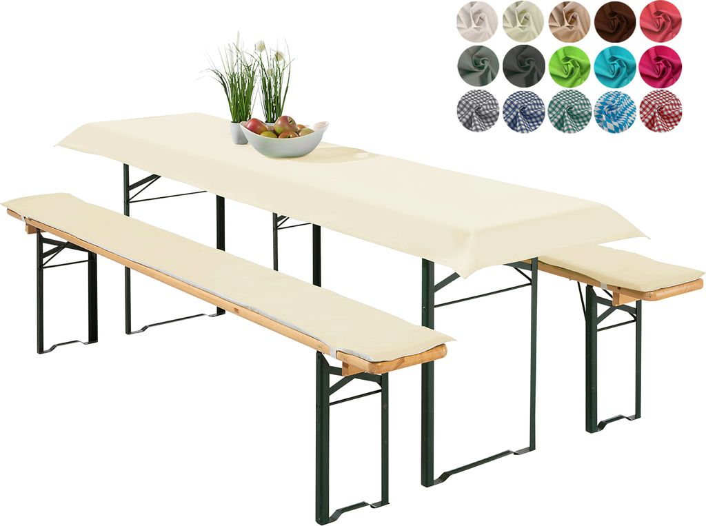heimtexland Bierzeltgarnitur Auflagen Set 3-teilig Tischdecke Bierbank Polster Sitzkissen Tischdeko Typ698 Ecru für Tischmaß 50x220 cm