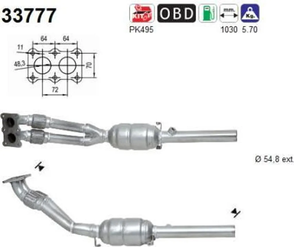 Catalyseur AS 33777 OE 1J0254507BX pour Audi A3 8L Leon et Toledo