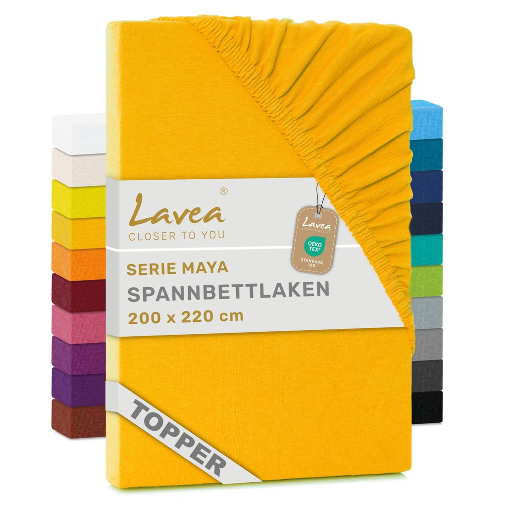 Lavea Topper Spannbettlaken 200x220 cm Maya Jersey, Bettlaken 100% Baumwolle, Bettbezug Matratzen bis 10 cm, Spannbettücher, Goldgelb
