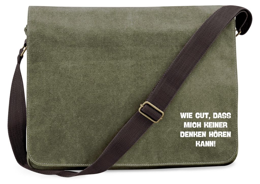 Huuraa Umhängetasche Gut das mich keiner denken hört 14 Liter Military Green Canvas Laptoptasche Geschenkidee