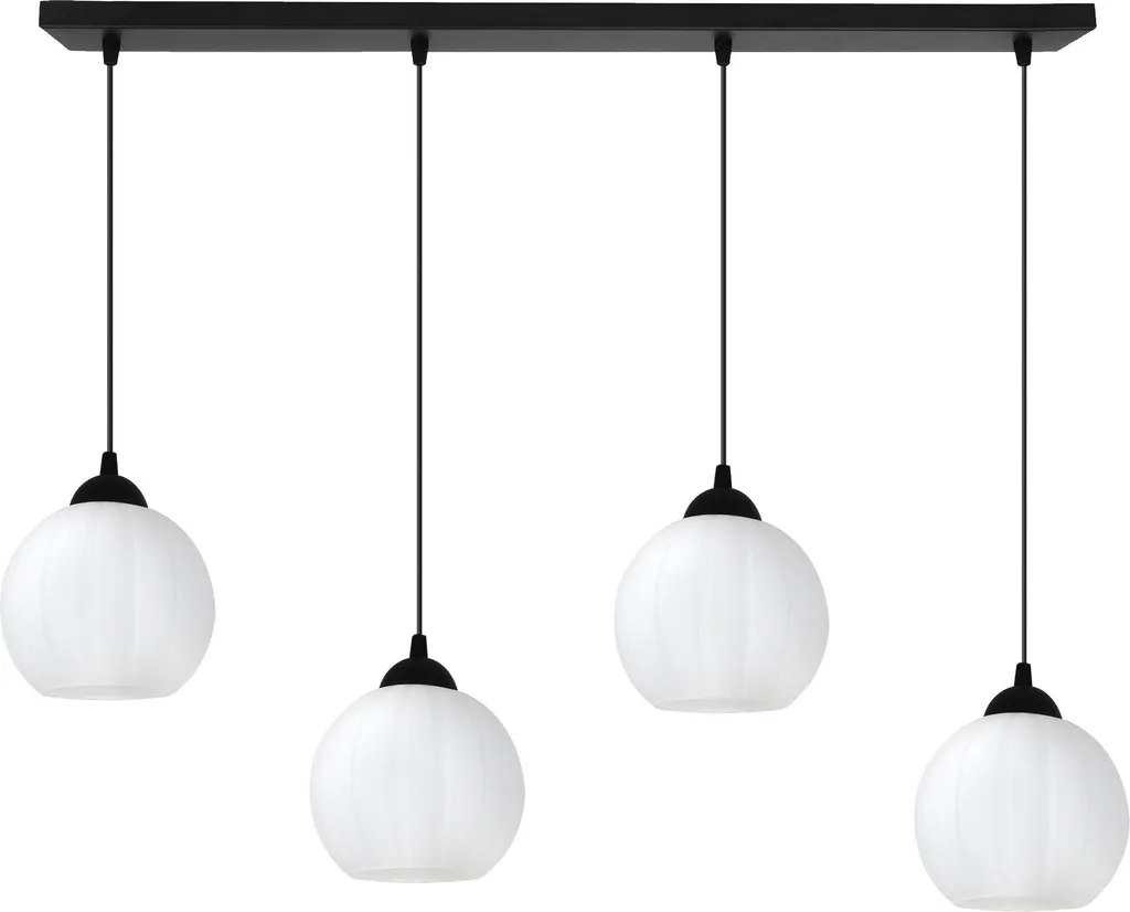 Suspension design noir mat 4 lampes boules opales E27 éclairage doux