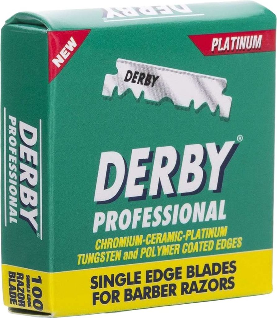 A green cardboard box containing Derby Professional single edge razor blades.