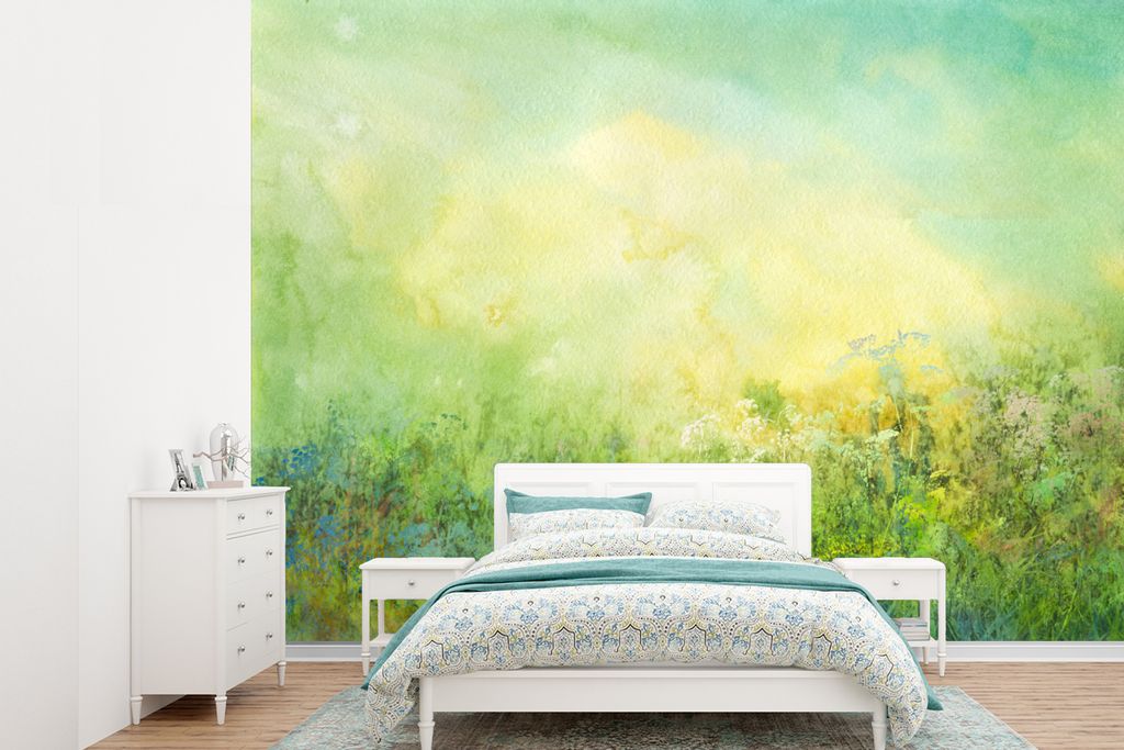 MuchoWow Fototapete für Wohnzimmer oder Schlafzimmer Wandtapete Vinyl Motivtapete Gras - Sommer - Ölfarbe - 385x280 cm - Wallpaper