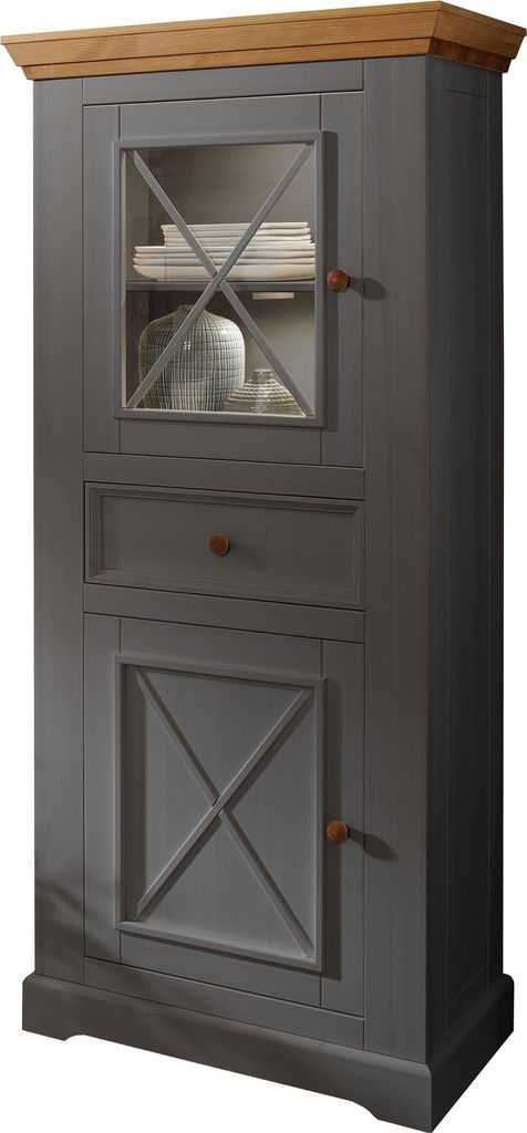 Vitrine "WZ-0133" aus Kiefer massiv in grau mit einer Schublade und einer Tür. Abmessungen (BxHxT) 79x177x42 cm