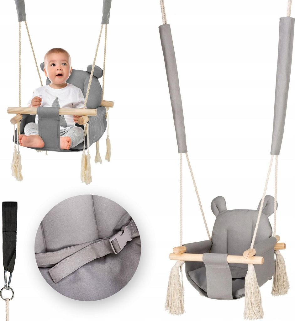 A collage of images showing a baby swing for infants and toddlers, with a close-up of the safety buckle.