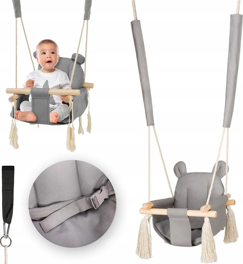 Balançoire Bébé Étoiles en Bois Naturel et Coton Doux, Charge 35kg Max