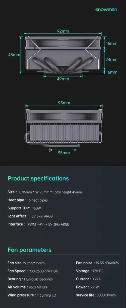 Ventilateur CPU BRAINZAP ITX ARGB 4-Pin PWM pour PC Compact Intel AMD - 6