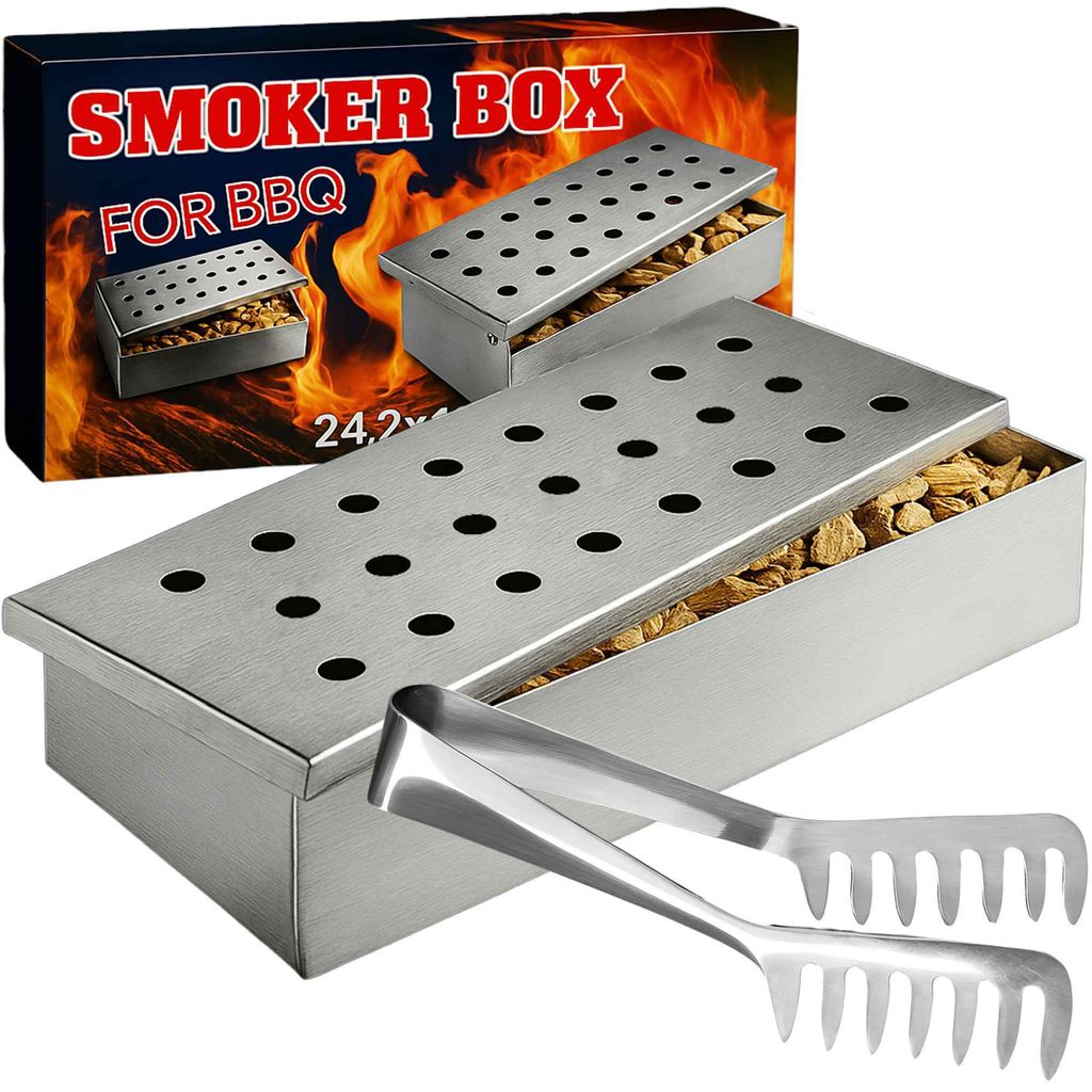 Edelstahl Räucherbox + Zange Smokerbox Räucherdose Produktbild 