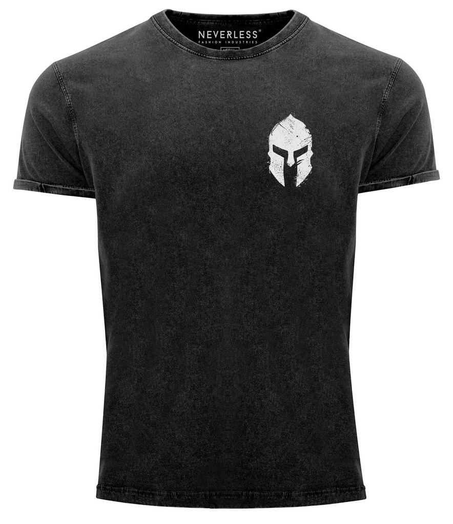 Herren Vintage Shirt Logo Print Sparta-Helm Spartaner Gladiator Krieger Warrior Fashion Gym Streetstyle Neverless schwarz -weiss S