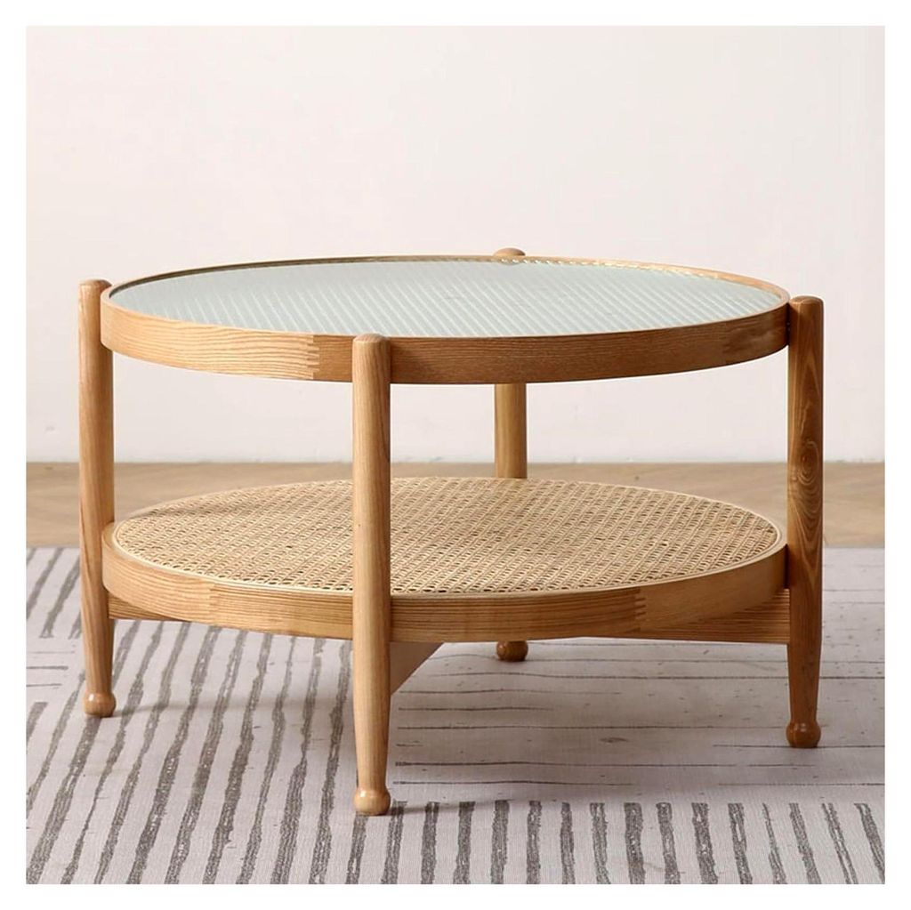 Couchtisch aus Holz mit Rattan-Ablagefach, 2-stöckige Boho-Mid-Century-Modern-Glasplatte, Snack- und Teetisch, Cocktailtisch für Wohnzimmer und S...