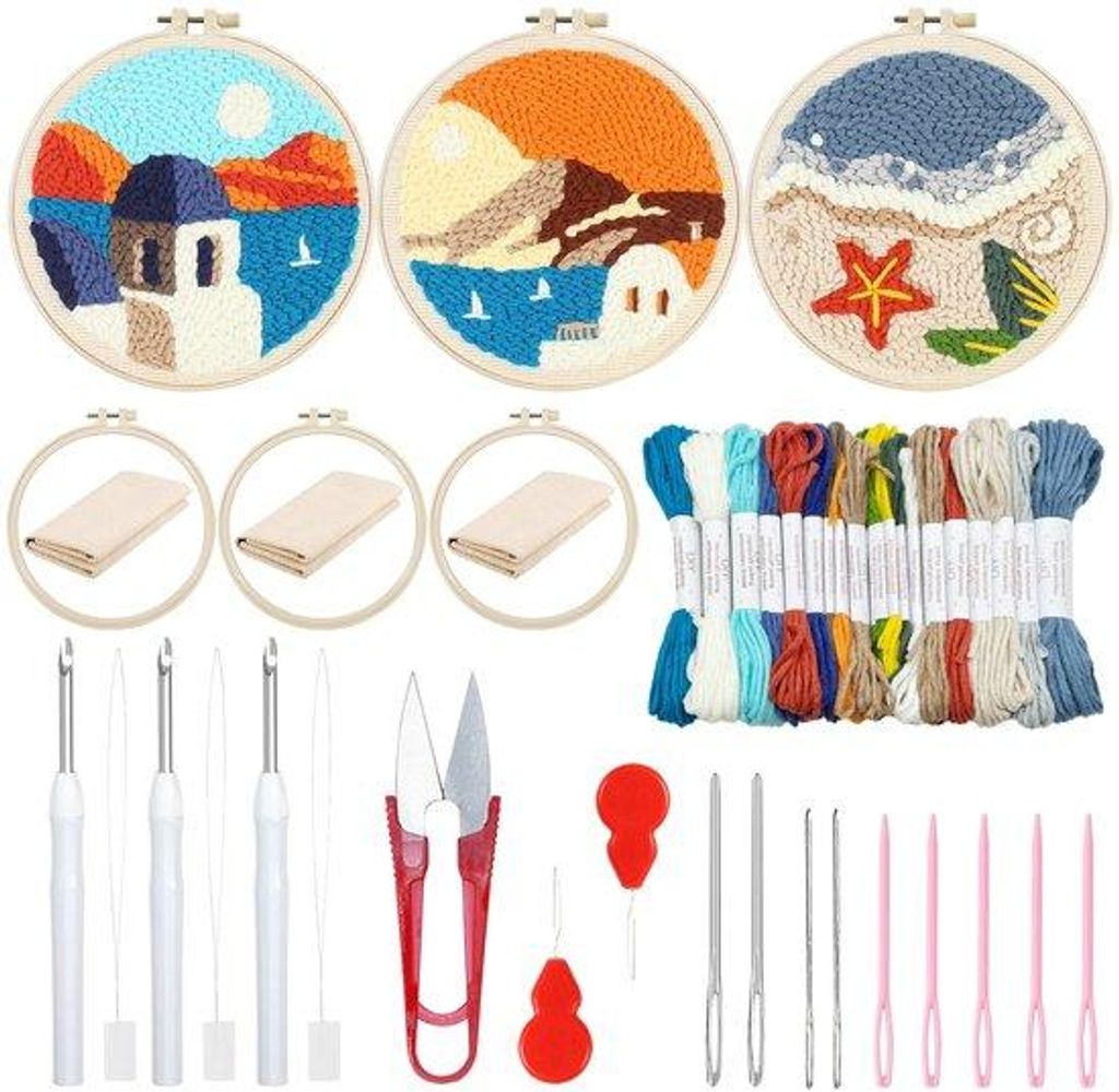 Bordurset für Anfänger - Mit 3 Vorbemalten Stoffen und Werkzeug - Ideal für Punch-Needle-Projekte