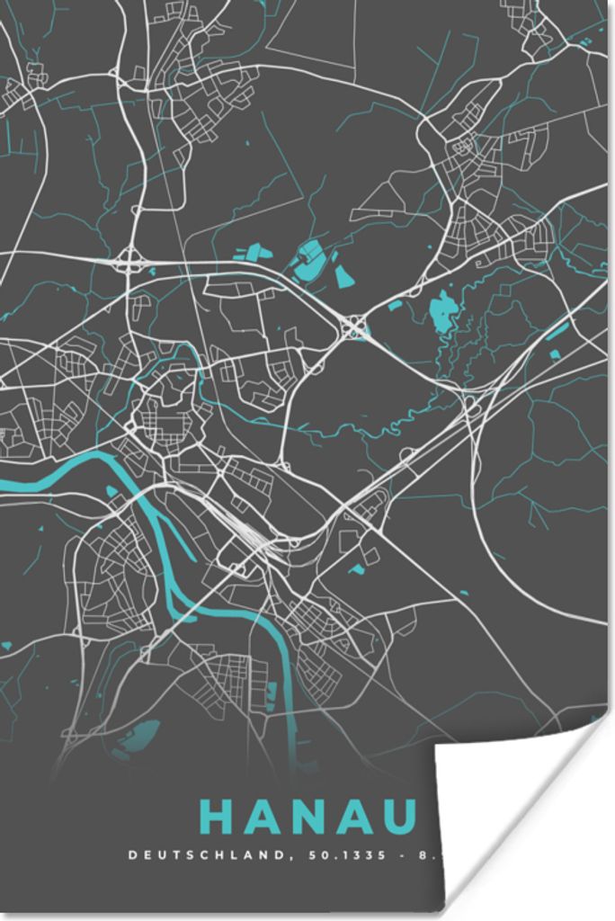 MuchoWow Poster Hanau - Stadtplan - Blau - Karte - Deutschland 120x180 cm - Kunstposter