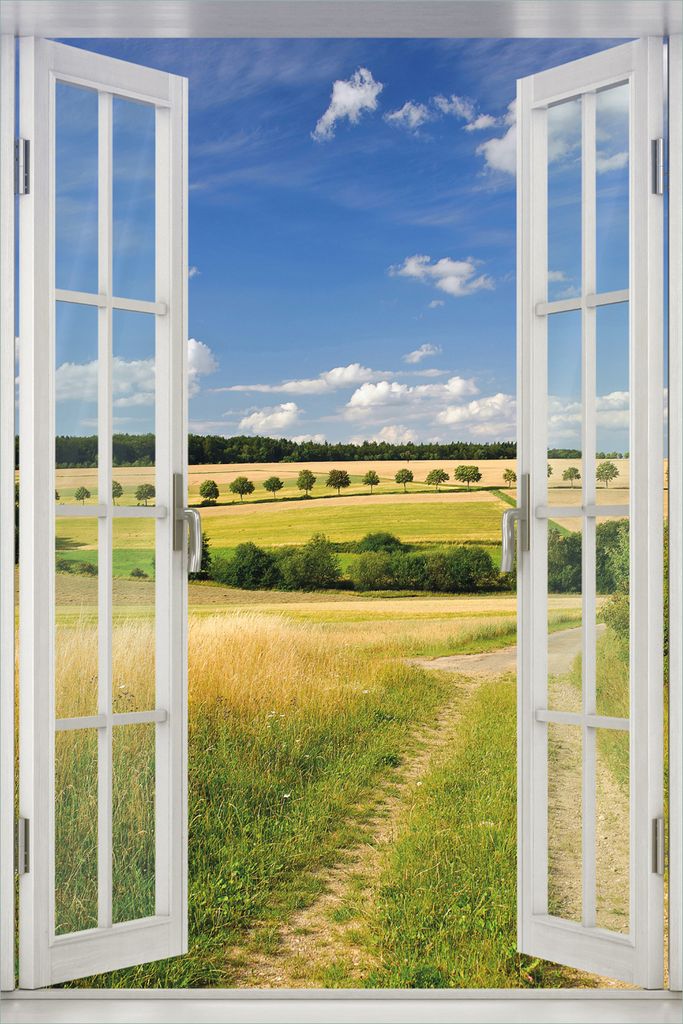 Wallario Wandbild aus Acryl, 60 x 90 cm, freischwebende Optik - Feldlandschaft unter blauem Himmel mit Fenster-Illusion