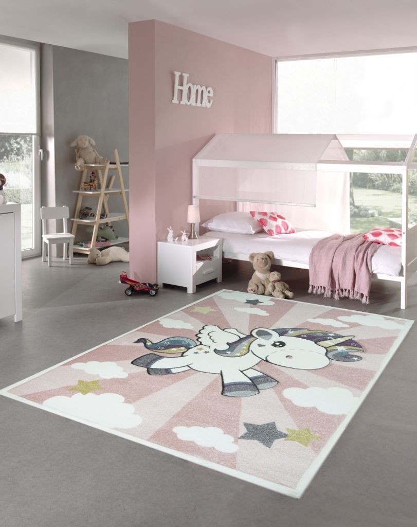 Kinderteppich Spielteppich Babyteppich Mädchen Einhorn Regenbogen rosa creme Größe - 160 cm Rund