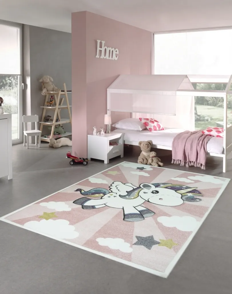 Tapis enfant rond 120 cm licorne arc-en-ciel rose et crème pour chambre