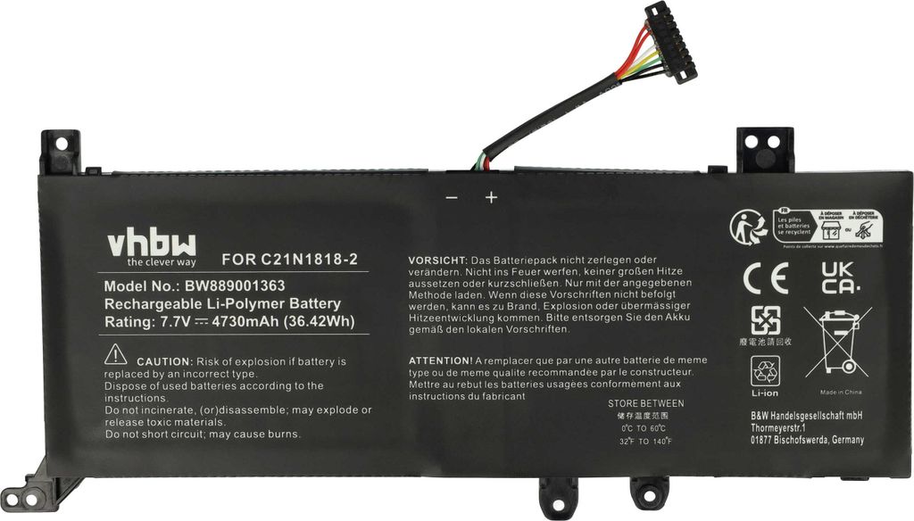 vhbw Akku Ersatz für Asus 0B200-03280500, C21N1818-2 für Produktbild 