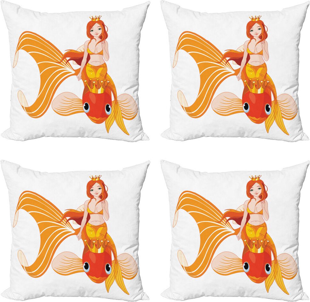 ABAKUHAUS Unterwasser- Kissenbezug Set (4 Stück), Prinzessin auf Goldfish, Moderner Doppelseitiger Digitaldruck, 60 cm x 60 cm, Orange Marigold Weiß