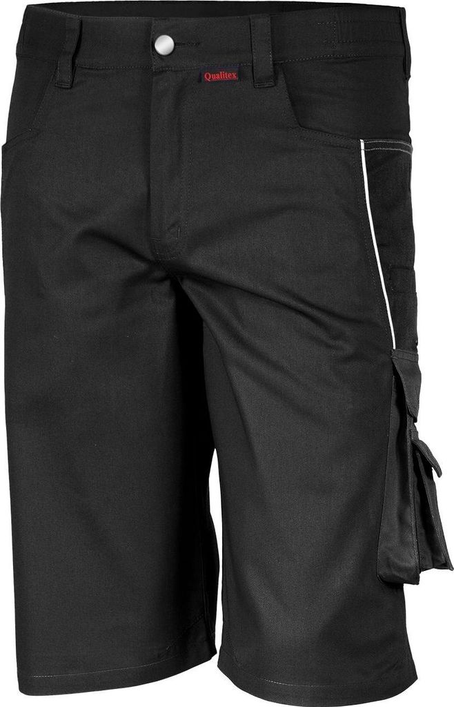 A close-up studio shot of black work shorts.