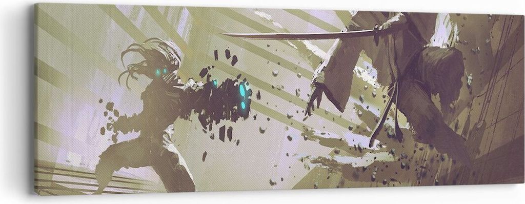 Bild auf Leinwand - Leinwandbild - Roboter Samurai Schwert Kämpfen - 90x30cm - Wand Bild - Wanddeko - Leinwanddruck - Bilder - Kunstdruck - Wandde...
