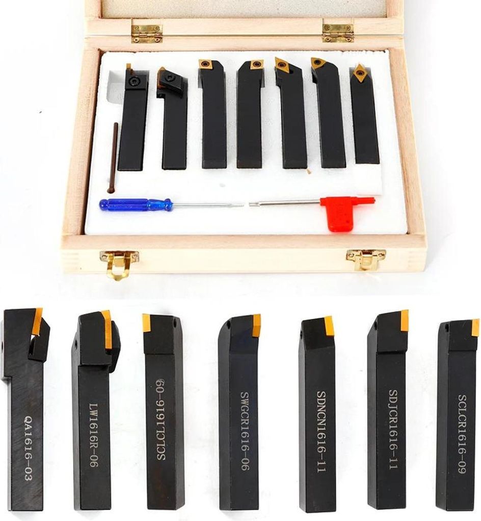 Drehmeißel-Set - Drehstahlhalter 7-teilig - 40Cr Stahl & P30 Hartmetall - 16 mm Schaft - Klingenstärke 4,5 mm - Holzbox - Schwarz